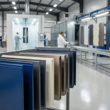 Close-up of powder-coated appliance metal parts with uniform finish in manufacturing setting