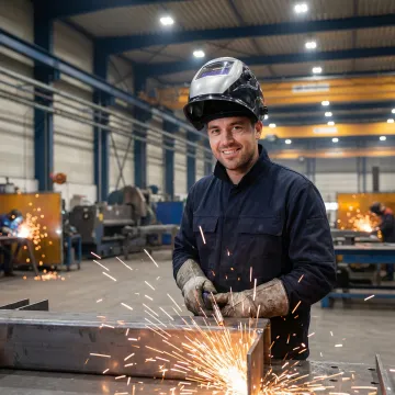 AWS-certified welder performing custom metal fabrication in an industrial shop