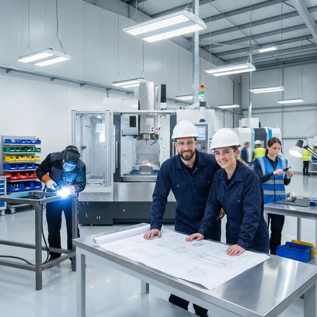 Industrial fabrication workflow showing welding, machining, and quality inspection stages
