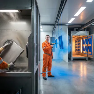 Step-by-step powder coating process showing blast preparation and thermoset powder application in an industrial facility