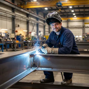 AWS-certified welder working on a large structural steel fabrication in an industrial machine shop
