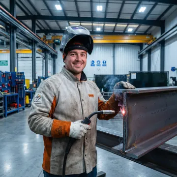 AWS-certified welder fabricating a large structural steel assembly in an industrial machine shop
