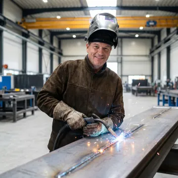 AWS-certified welder performing precision structural welding in an industrial fabrication shop