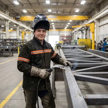 Heavy metal welding and fabrication technician working on a large steel structure in an industrial shop