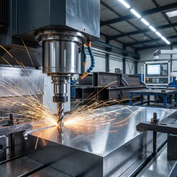 CNC machine cutting through thick steel plate with precision in an industrial machine shop