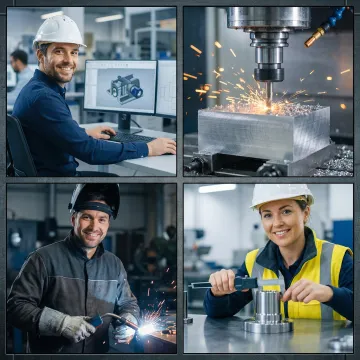 Step-by-step precision fabrication workflow from design engineering to quality inspection in a manufacturing facility