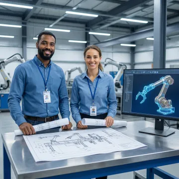 Engineering team reviewing robotic automation system design blueprints in a manufacturing facility