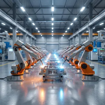 Custom robotic assembly line automation system on an industrial manufacturing floor