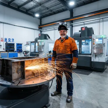 Professional welder and CNC machinist working in a full-service machine shop facility