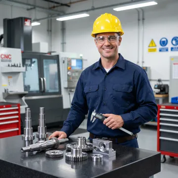 Technician inspecting heat-treated metal parts for quality compliance in a manufacturing shop
