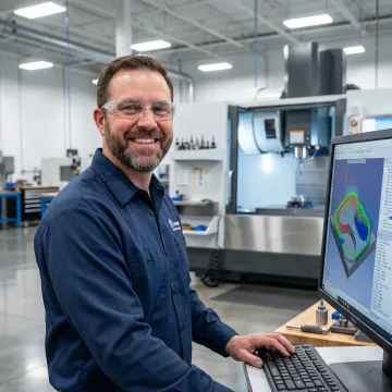 CNC machinist reviewing toolpath programming on a computer monitor next to a multi-axis milling machine
