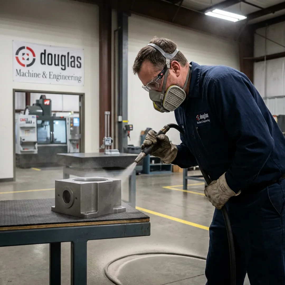 Technician preparing metal part with bead blasting