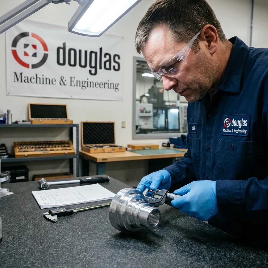 Machined aerospace parts being inspected for quality