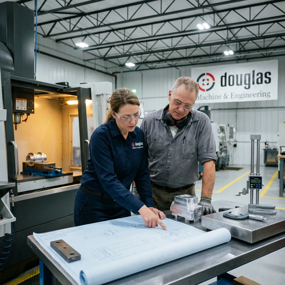 Machine shop team reviewing precision manufacturing drawings