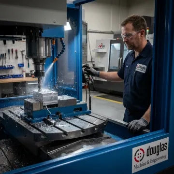 CNC machine cutting a precision metal component