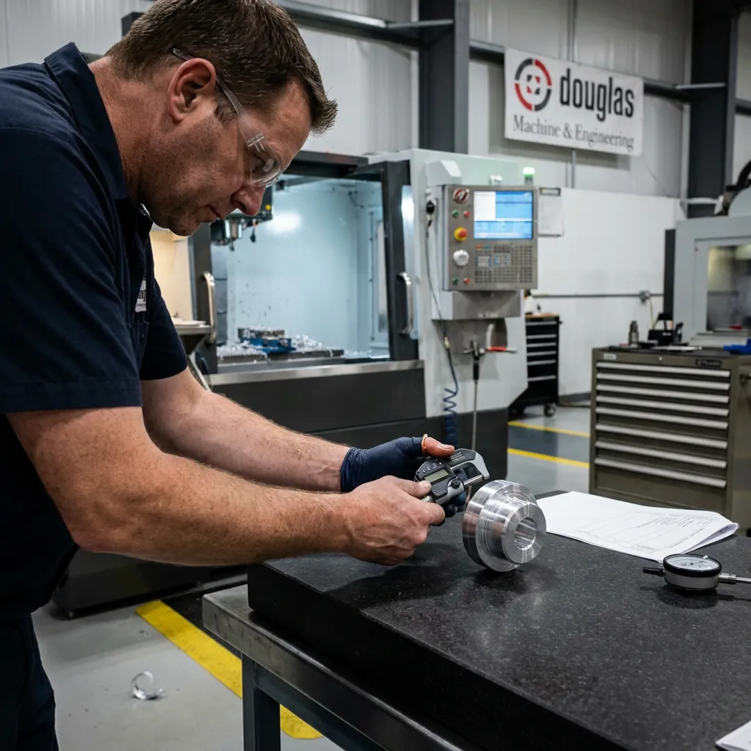 Machinist inspecting a finished CNC part