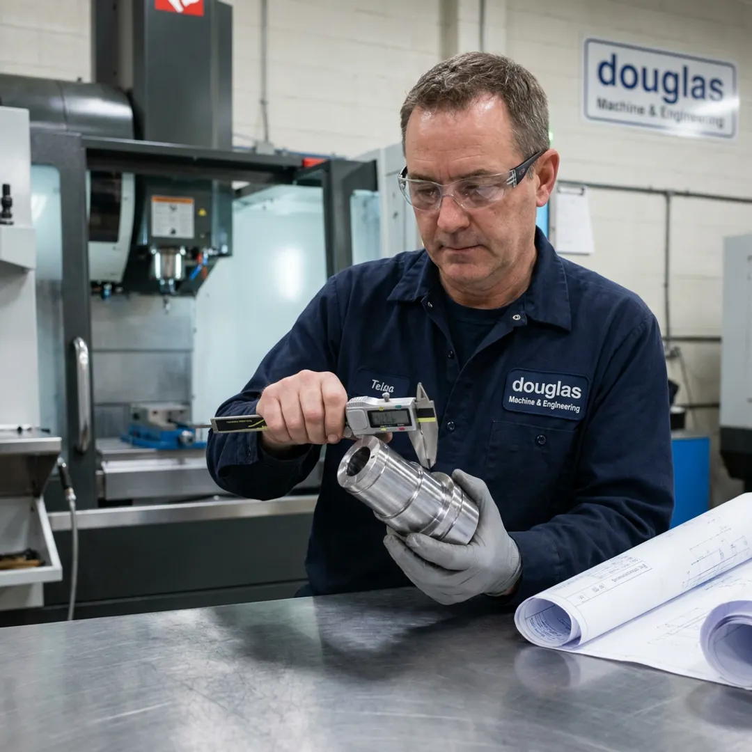 Technician inspecting machined metal part