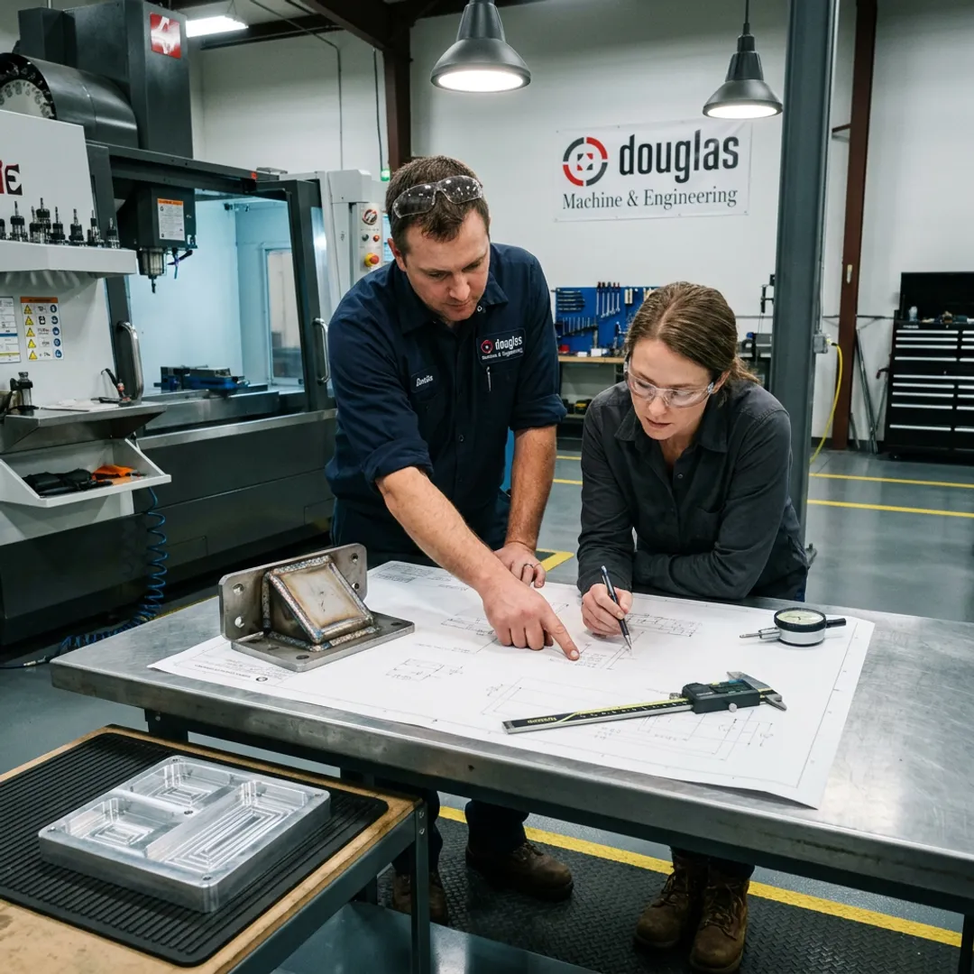 Fabrication team reviewing parts and drawings