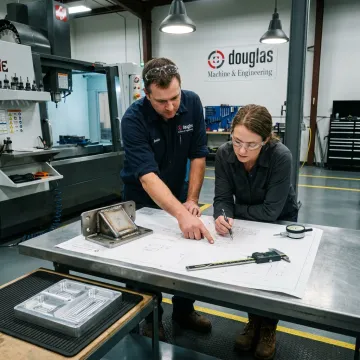 Fabrication team reviewing parts and drawings