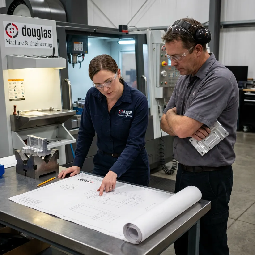 Engineer reviewing fabrication drawings beside CNC equipment