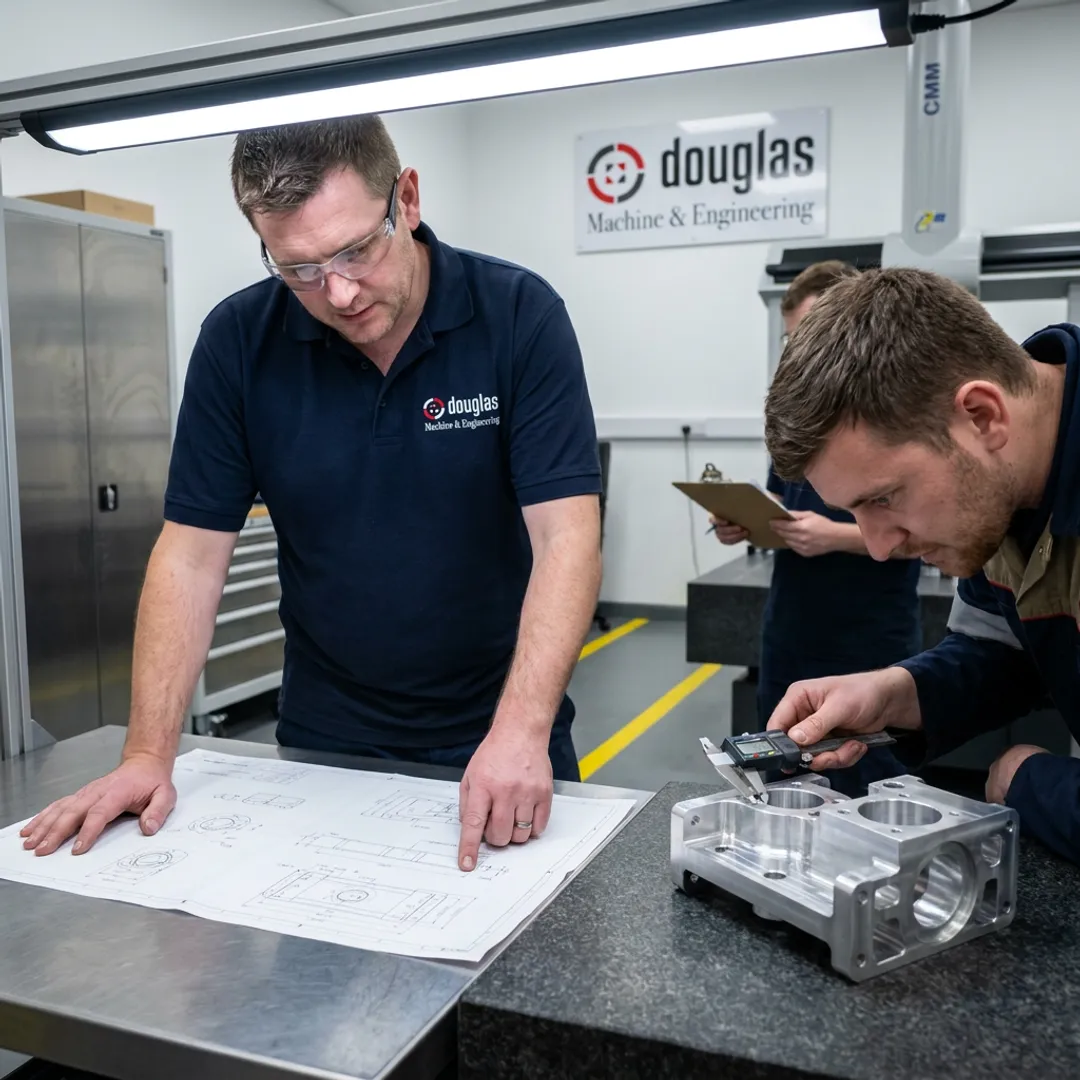 Fabrication team inspecting a machined metal assembly