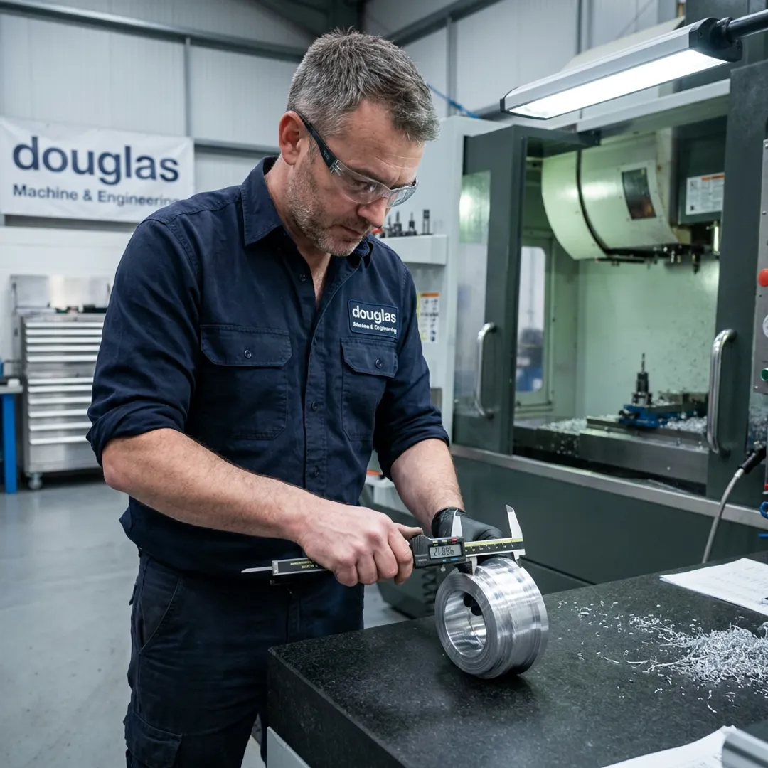 Technician measuring a machined metal component