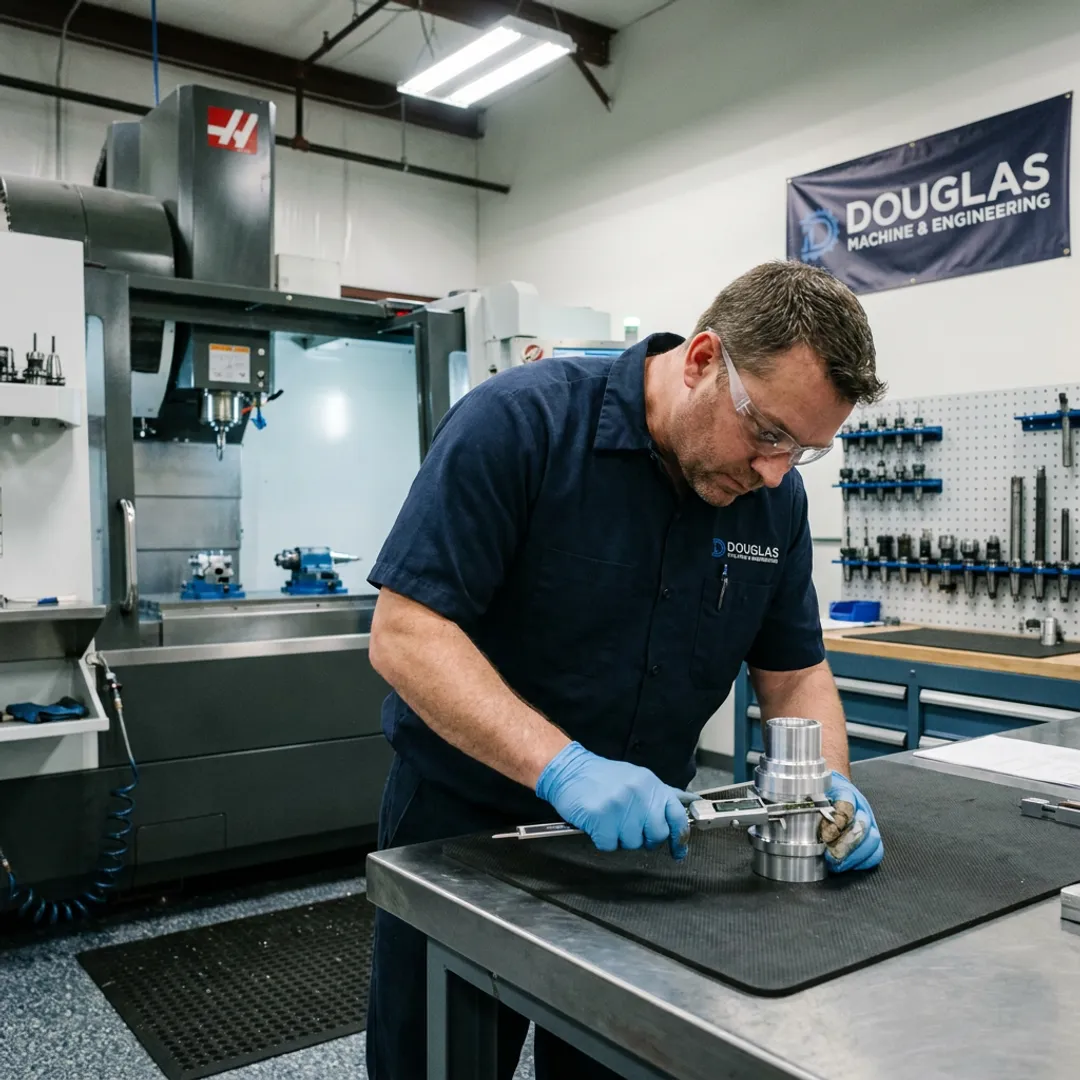 Machinist inspecting a finished CNC metal part