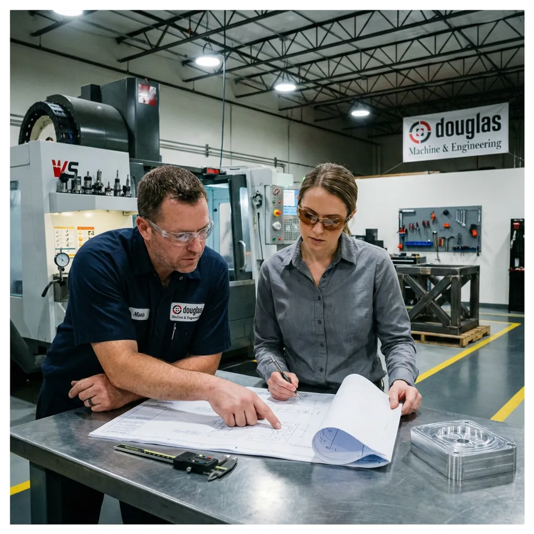 Fabrication team reviewing metal part drawings
