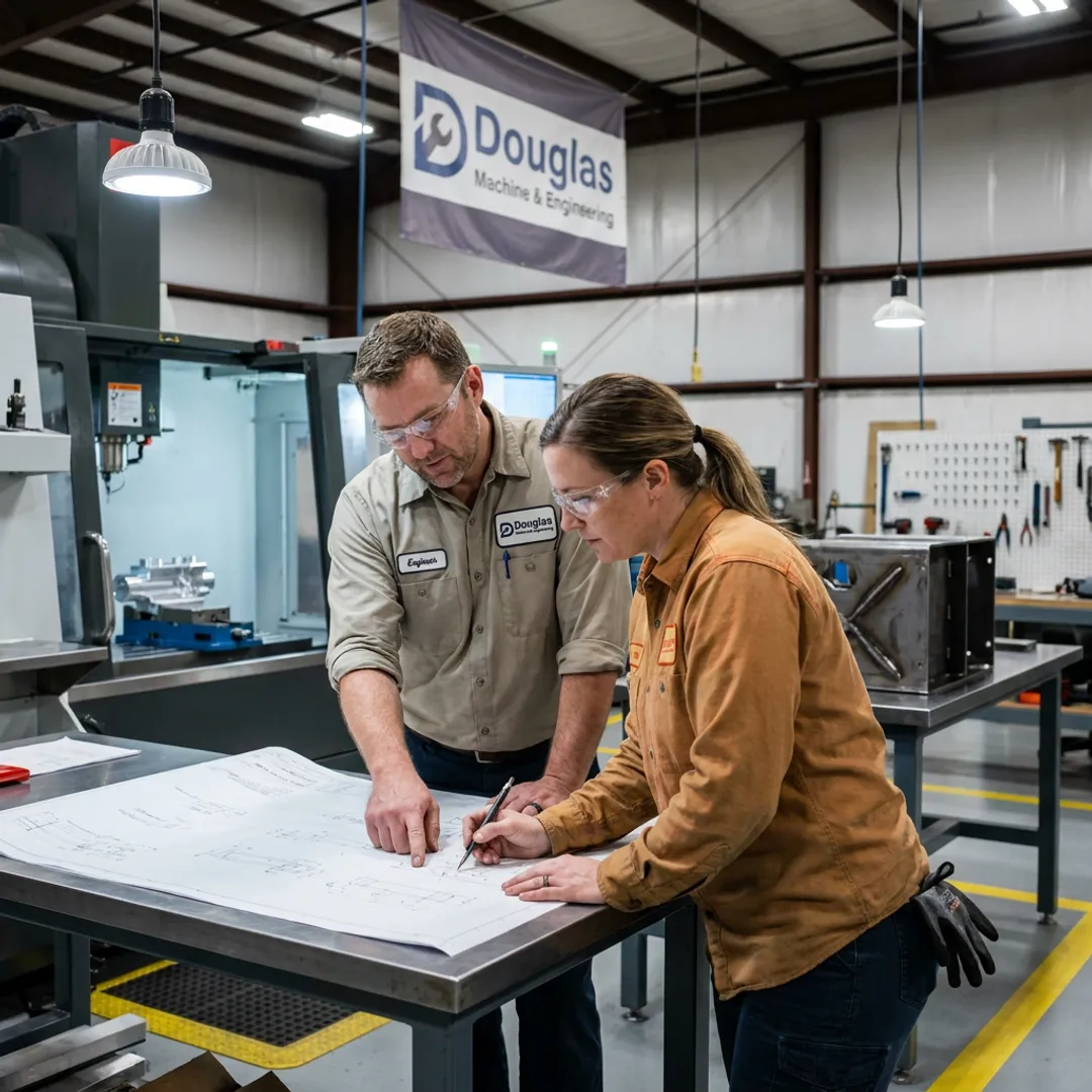 Engineer reviewing fabrication plans in a machine shop