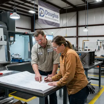 Engineer reviewing fabrication plans in a machine shop
