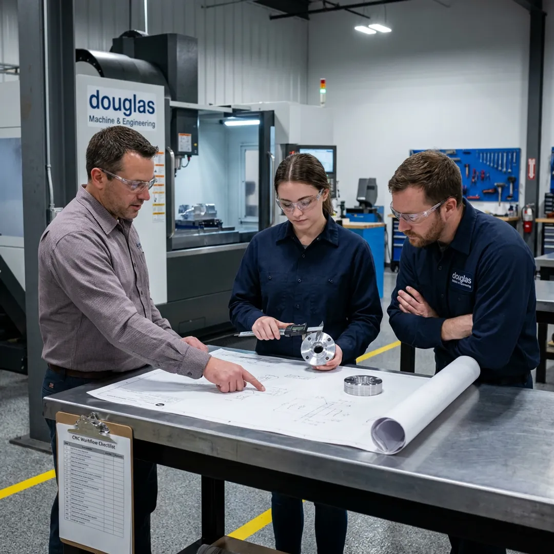 Manufacturing engineer reviewing process plans with CNC operators