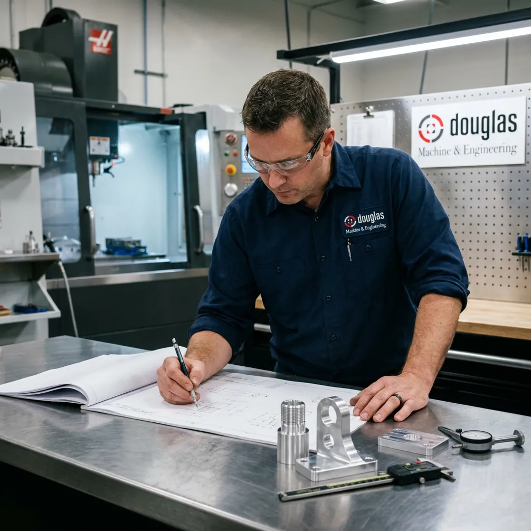 Engineer reviewing CNC production drawings with machined parts
