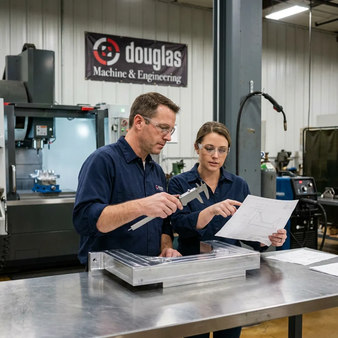Engineers inspecting custom machine assembly during build process