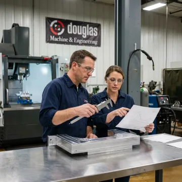 Engineers inspecting custom machine assembly during build process