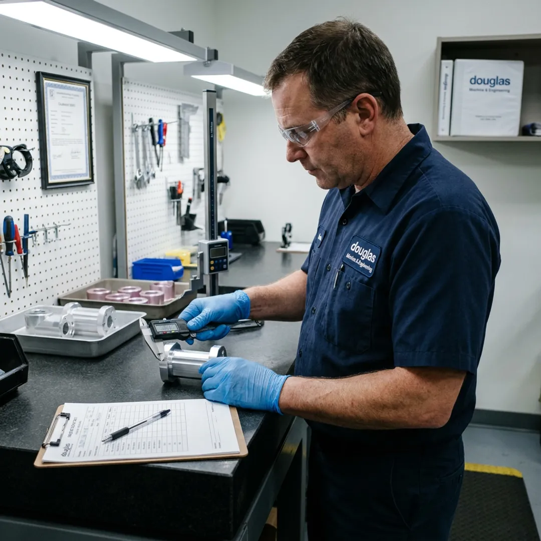 Technician inspecting finished metal parts