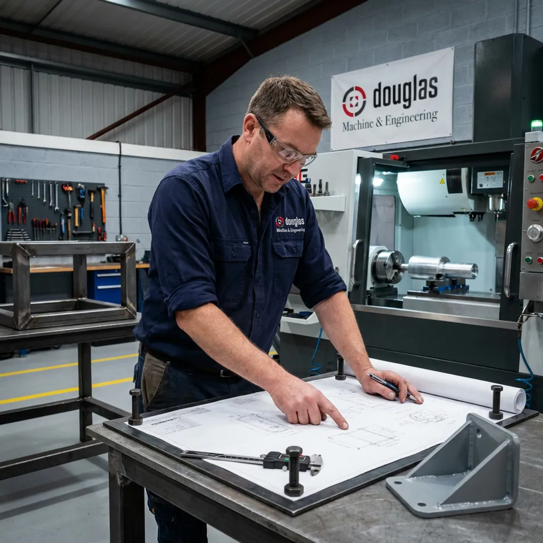 Fabrication team reviewing blueprints near steel assemblies