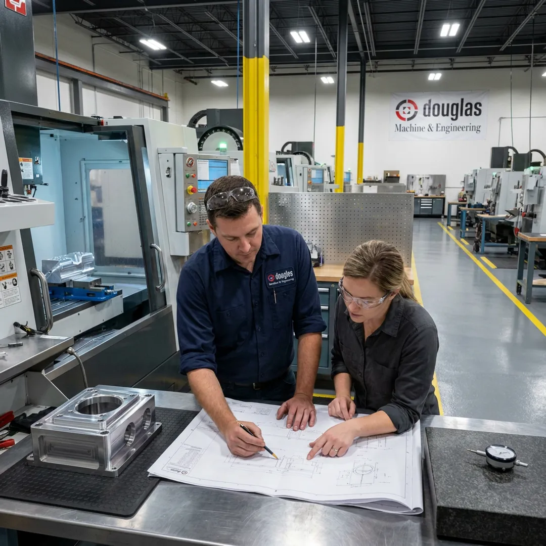 Fabrication team reviewing metal part specifications