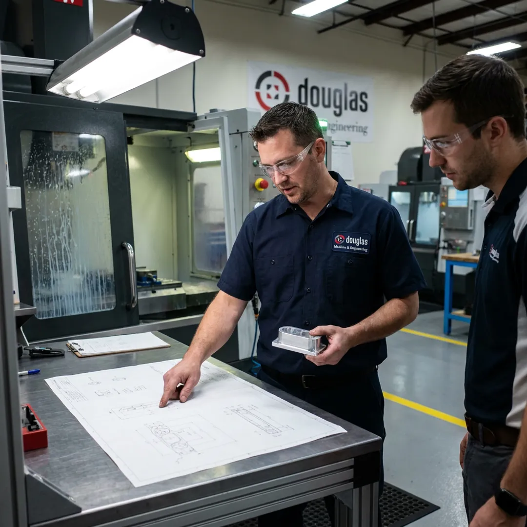 Manufacturing team reviewing CNC production plans
