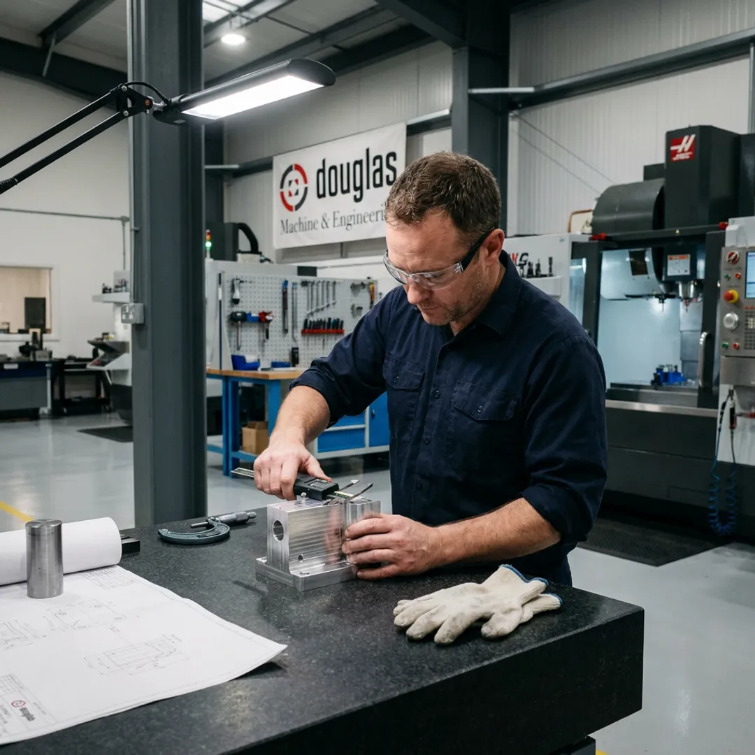 Machinist inspecting fabricated metal component