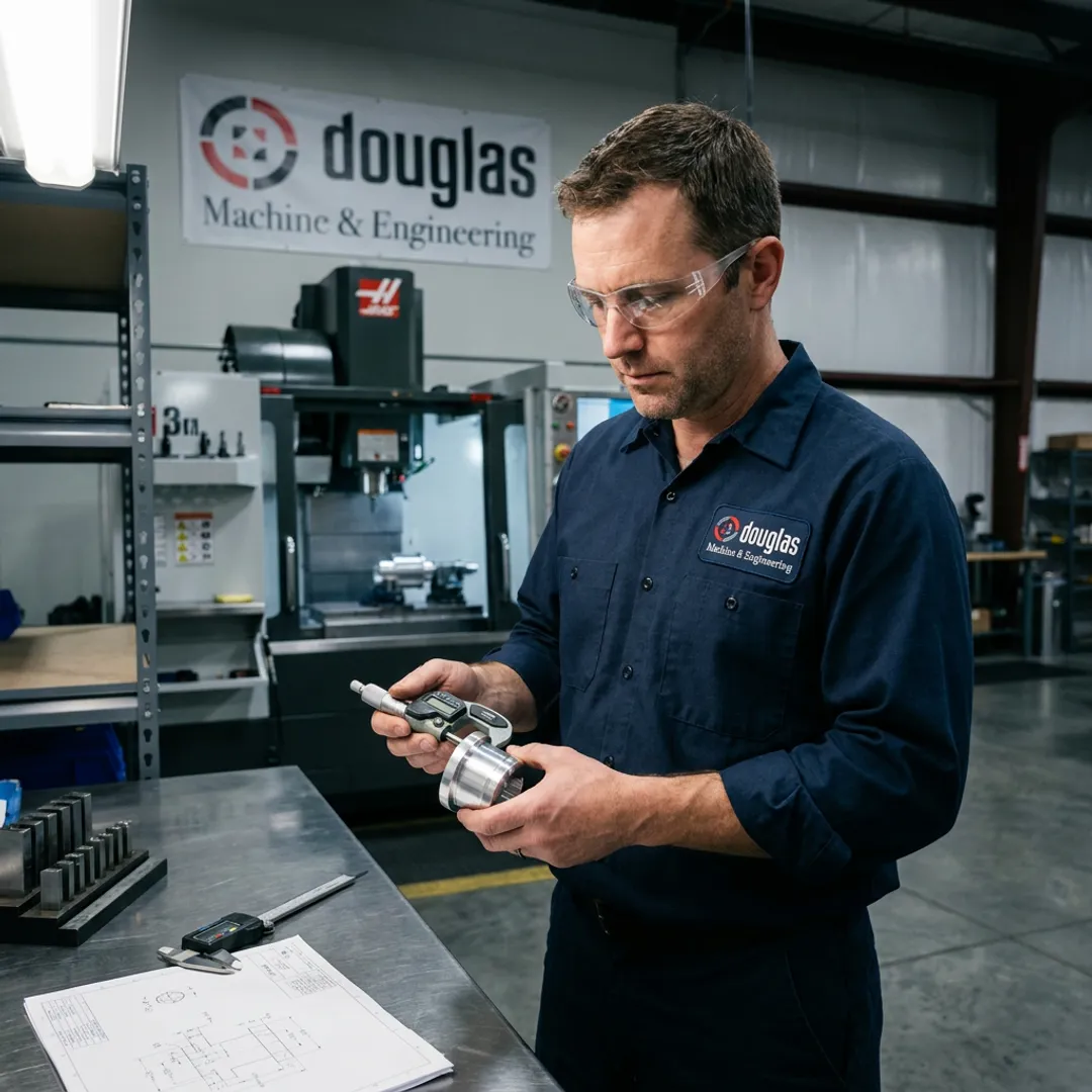 CNC technician inspecting machined part