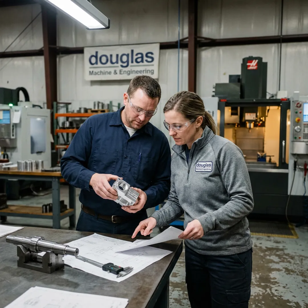 Precision fabrication team reviewing metal components