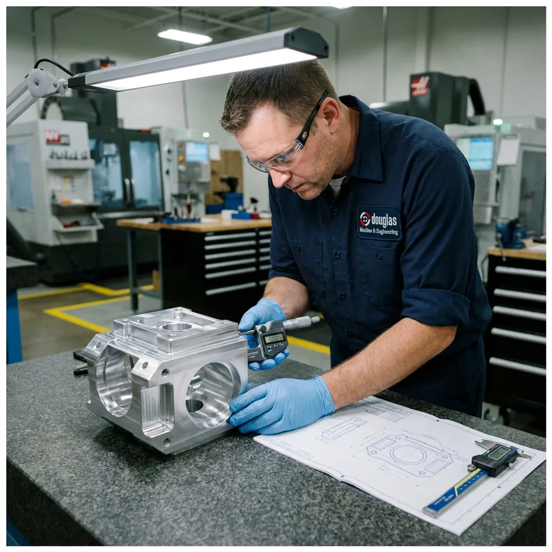 Engineer inspecting machined part during production process