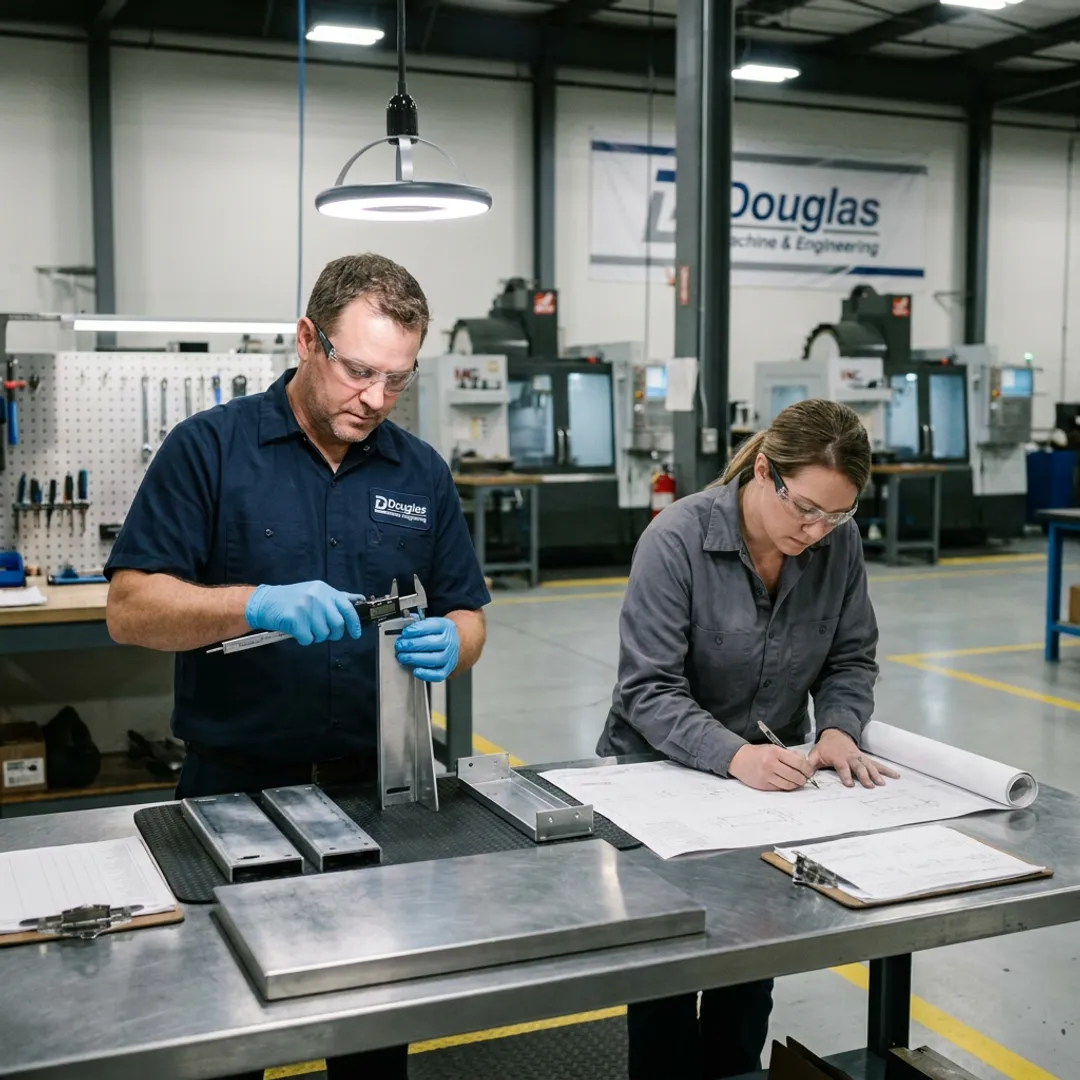 Fabrication team inspecting aerospace metal components