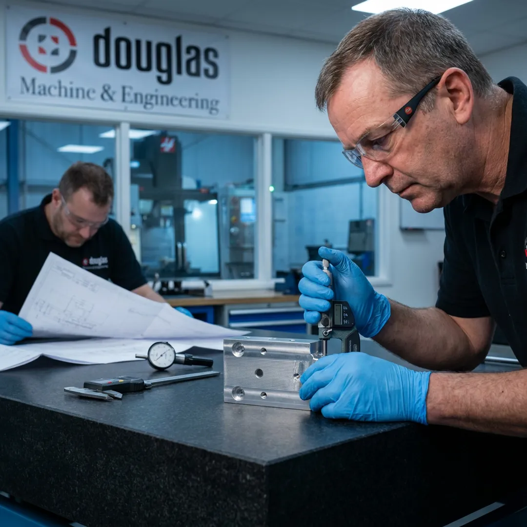 Machinist inspecting a precision defense part