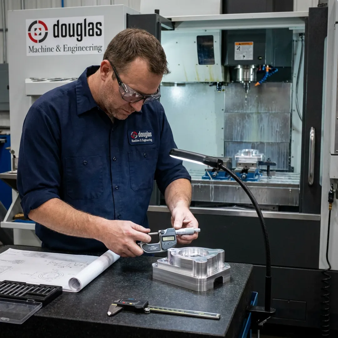 Machinist checking precision CNC parts