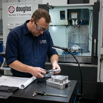 Machinist checking precision CNC parts
