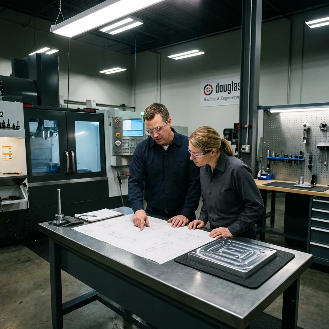Fabrication team reviewing aluminum component plans