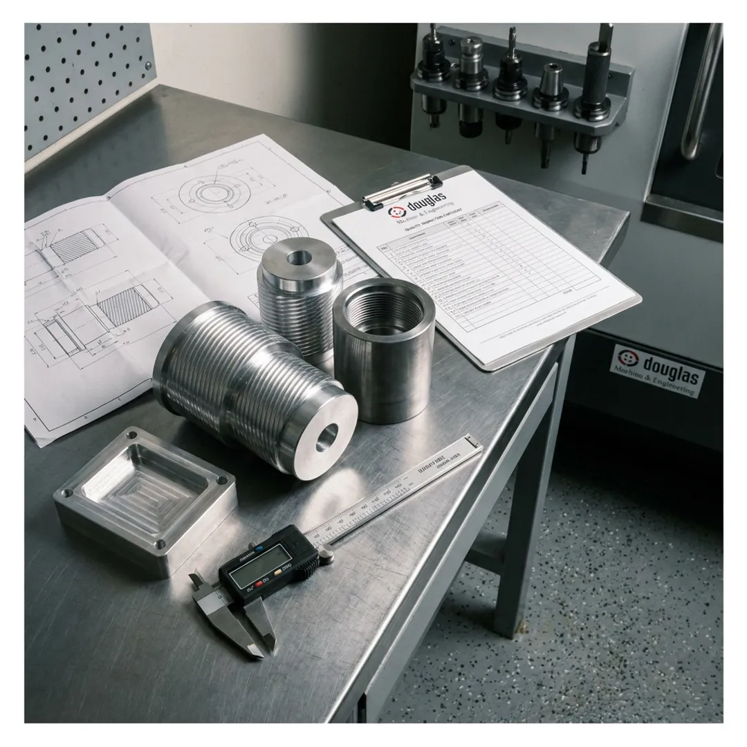 Precision machined parts with blueprints and inspection tools