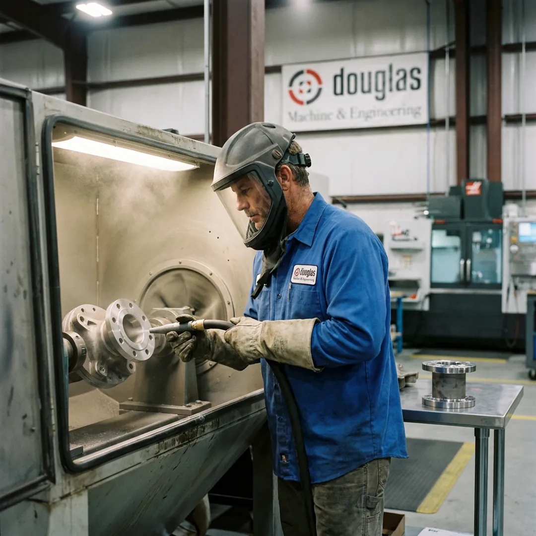 Technician preparing metal parts before powder coating