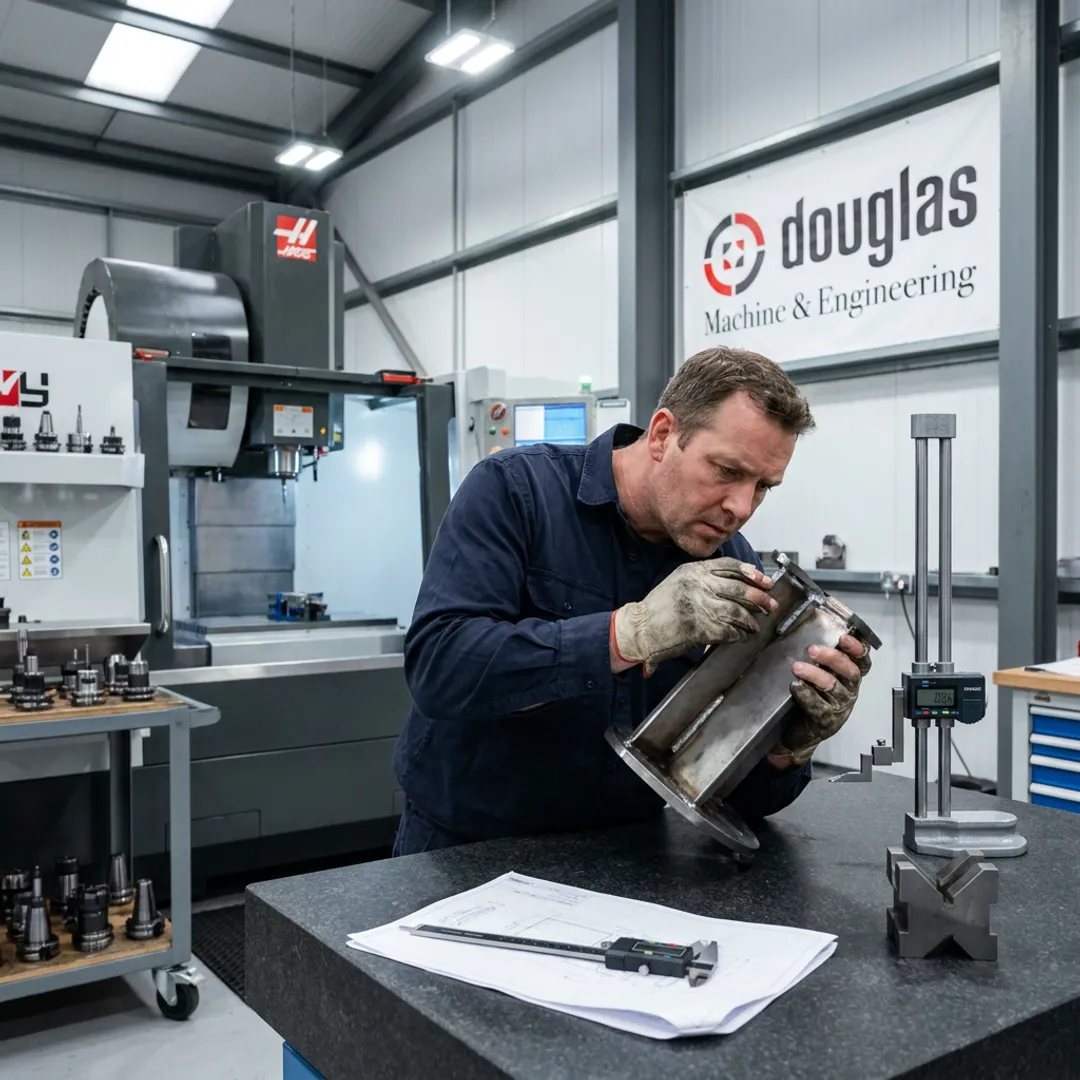 Machinist inspecting a fabricated metal assembly